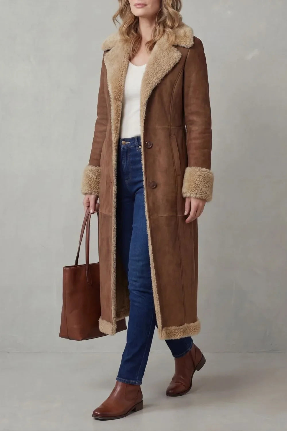 Lange Bruine Dames Winterjas Met Teddy Voering En Kraag