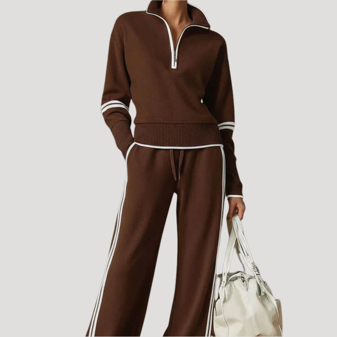 Sportieve Tweedelige Dames Set Met Hoge Kraag En Wijde Broek