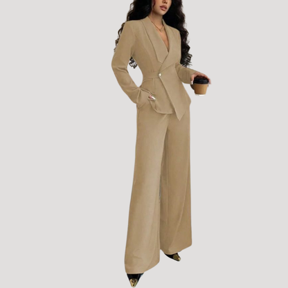 Luxe Dames Pak Met Getailleerde Blazer En Wijde Pantalon