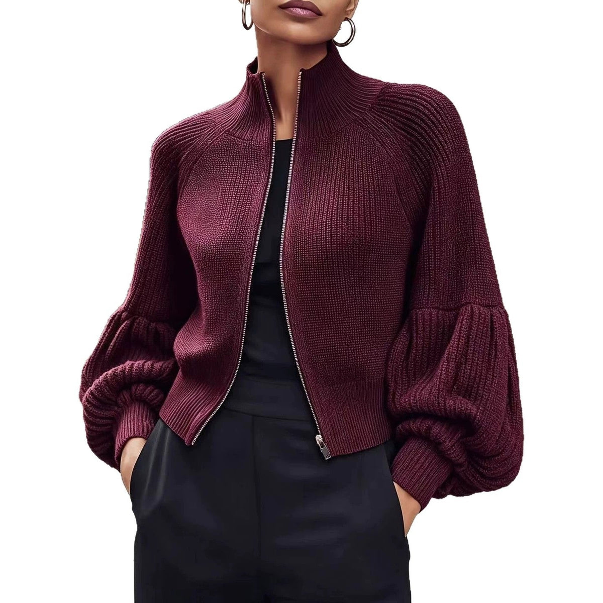 Kort Gebreid Vest Dames – Cropped Cardigan Met Pofmouwen