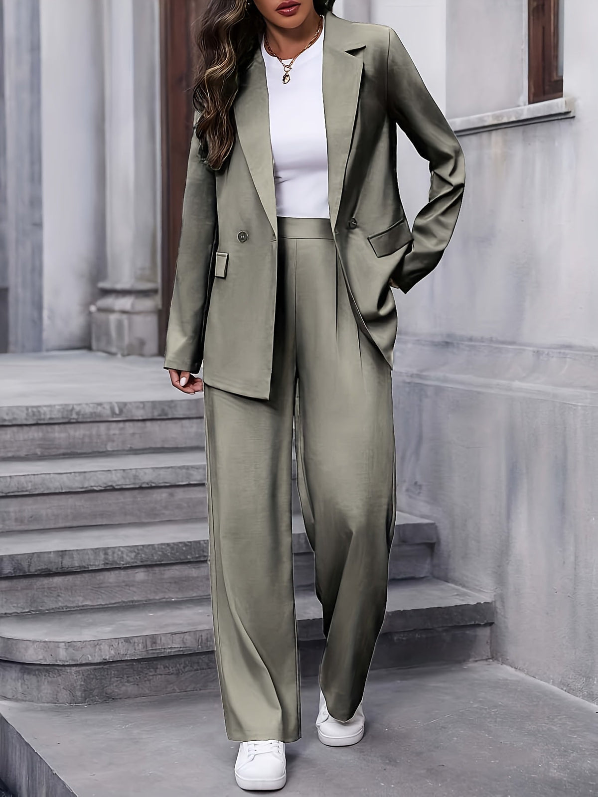 Elegante Dames Blazer Set Met Wijde Pantalon