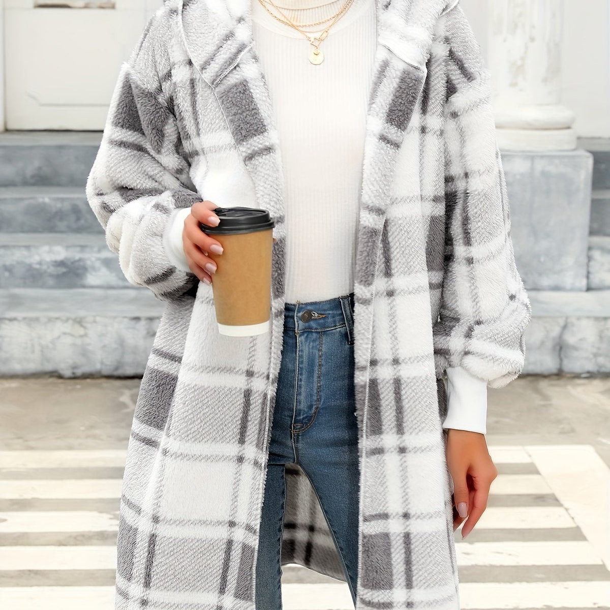 Lang Vest Met Capuchon Dames – Zachte Geruite Cardigan