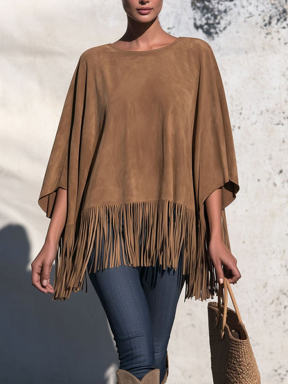Losvallende Blouse Dames Met Franjes – Top Met Ronde Hals