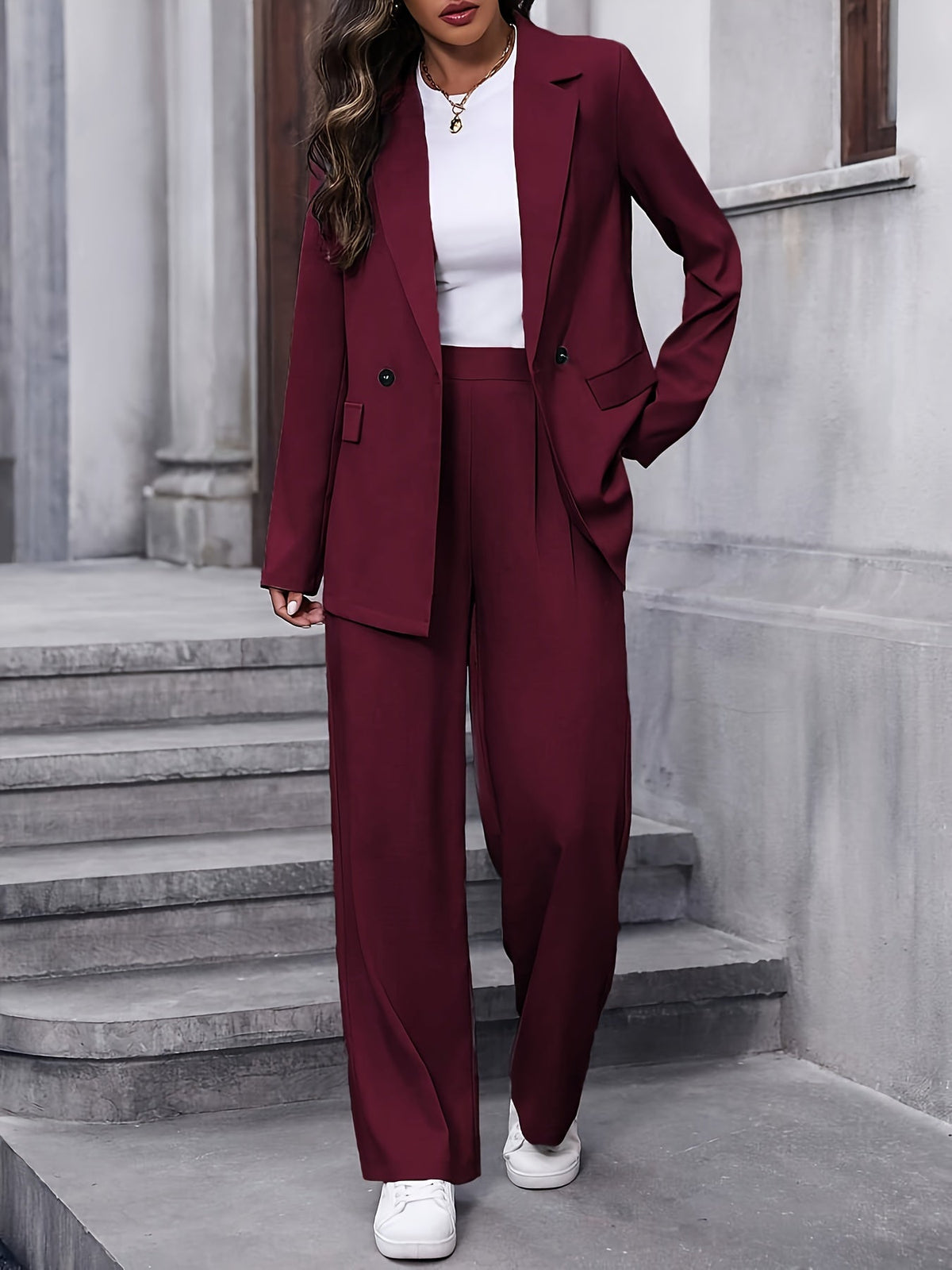 Elegante Dames Blazer Set Met Wijde Pantalon