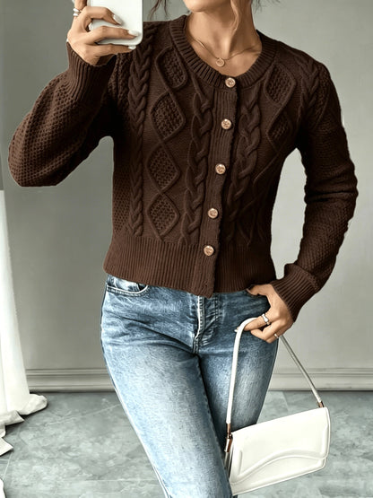 Dames Gebreid Korte Cardigan Met Kabelpatroon En Gouden Knopen
