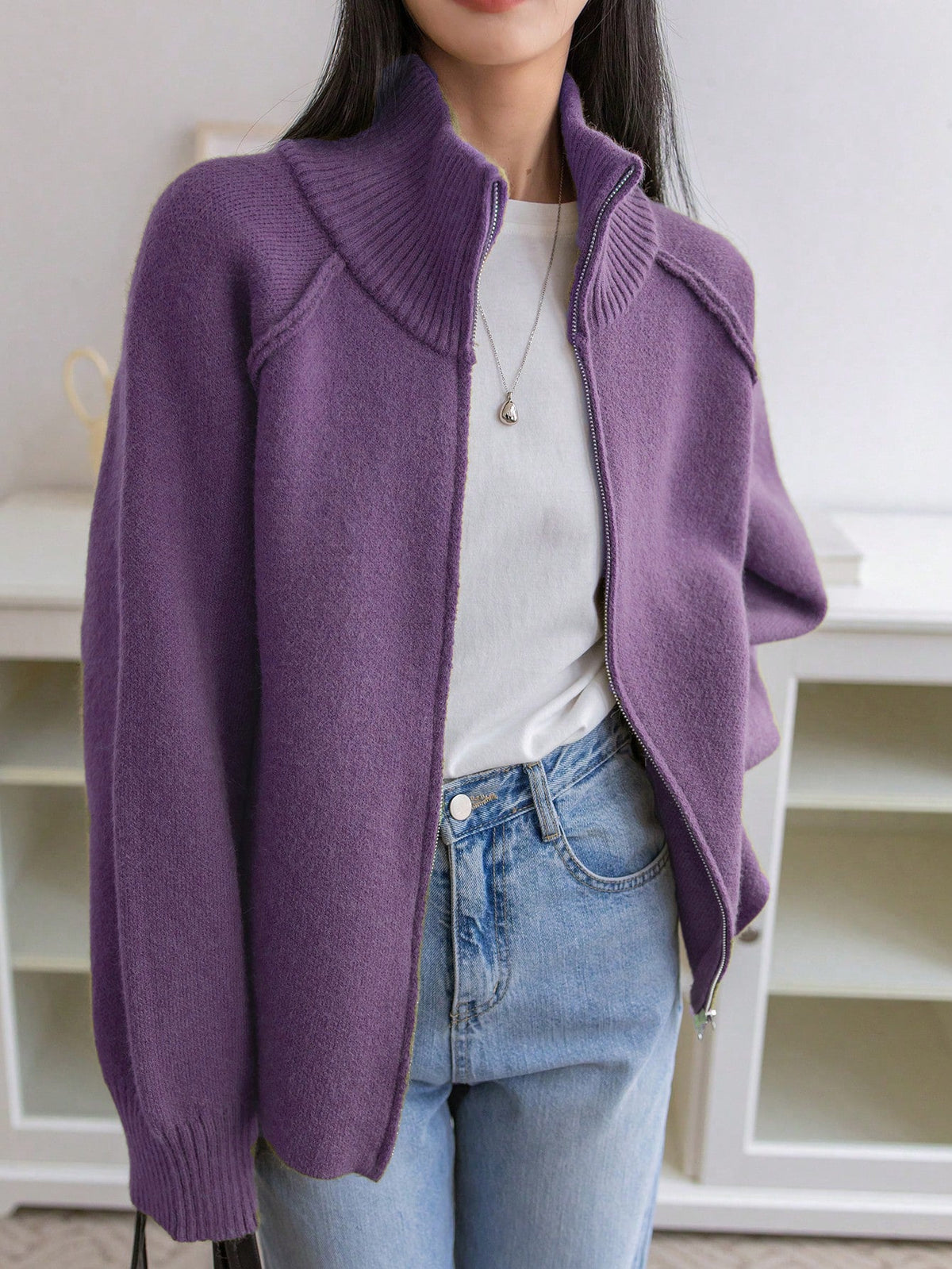 Oversized Dames Vest Met Geribde Kraag En Lange Mouwen