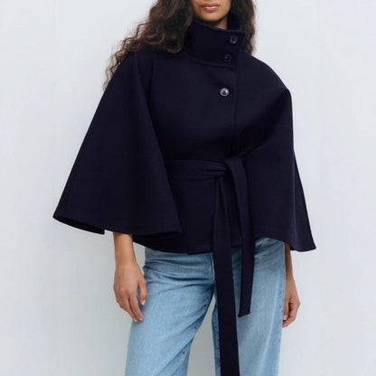 Wollen Cape Jas Voor Dames Met Hoge Kraag En Ceintuur