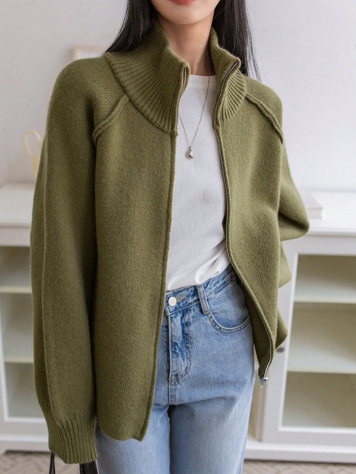 Oversized Dames Vest Met Geribde Kraag En Lange Mouwen