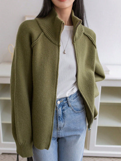 Oversized Dames Vest Met Geribde Kraag En Lange Mouwen