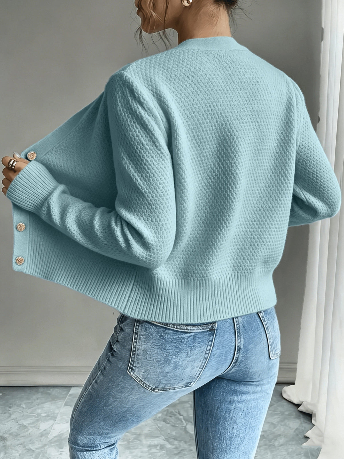 Dames Gebreid Korte Cardigan Met Kabelpatroon En Gouden Knopen