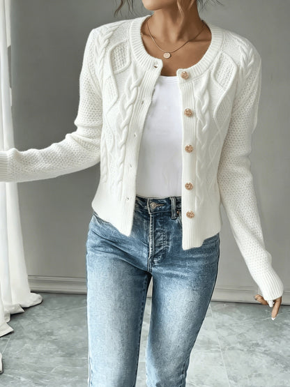 Dames Gebreid Korte Cardigan Met Kabelpatroon En Gouden Knopen