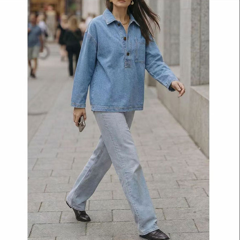 Denim Blouse Dames Met Lange Mouwen – Verbleekte Spijkerlook
