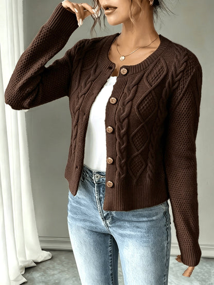 Dames Gebreid Korte Cardigan Met Kabelpatroon En Gouden Knopen