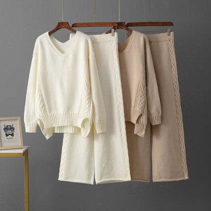 Gebreide Set Dames – Kabeltrui Met V-Hals & Wijde Broek