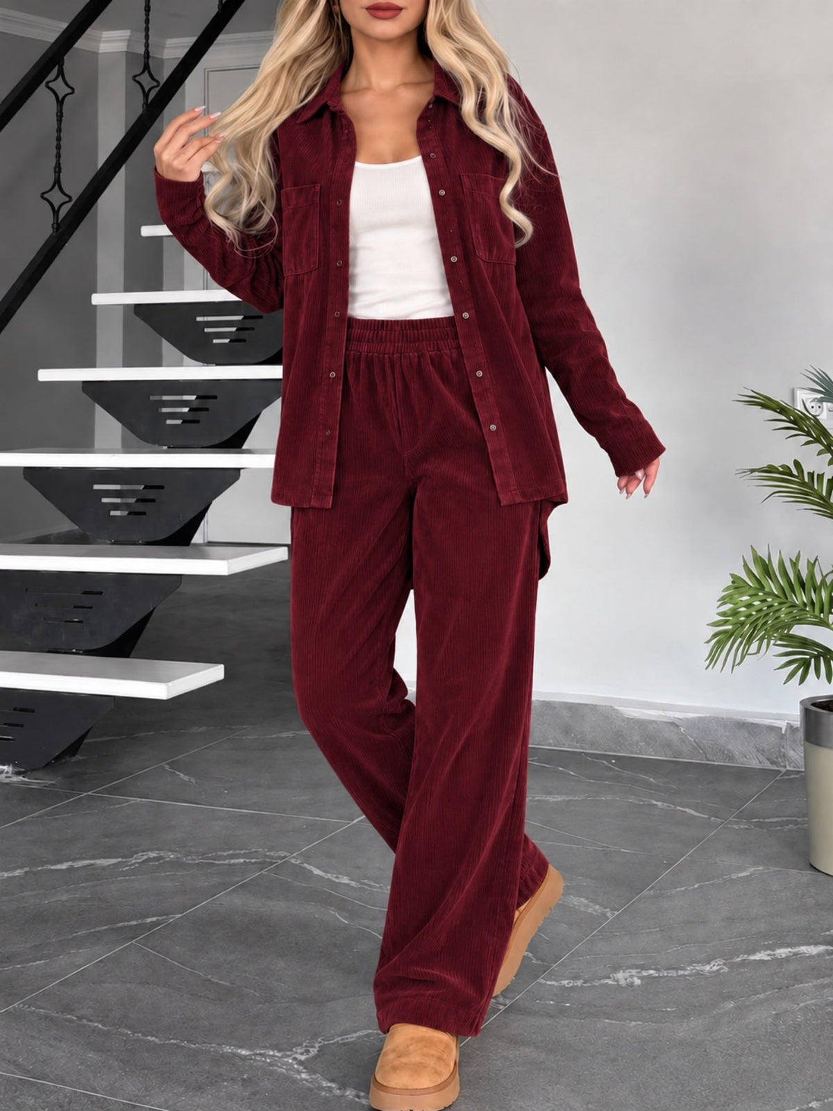 Corduroy Set Dames – Tweedelige Blouse & Wijde Broek