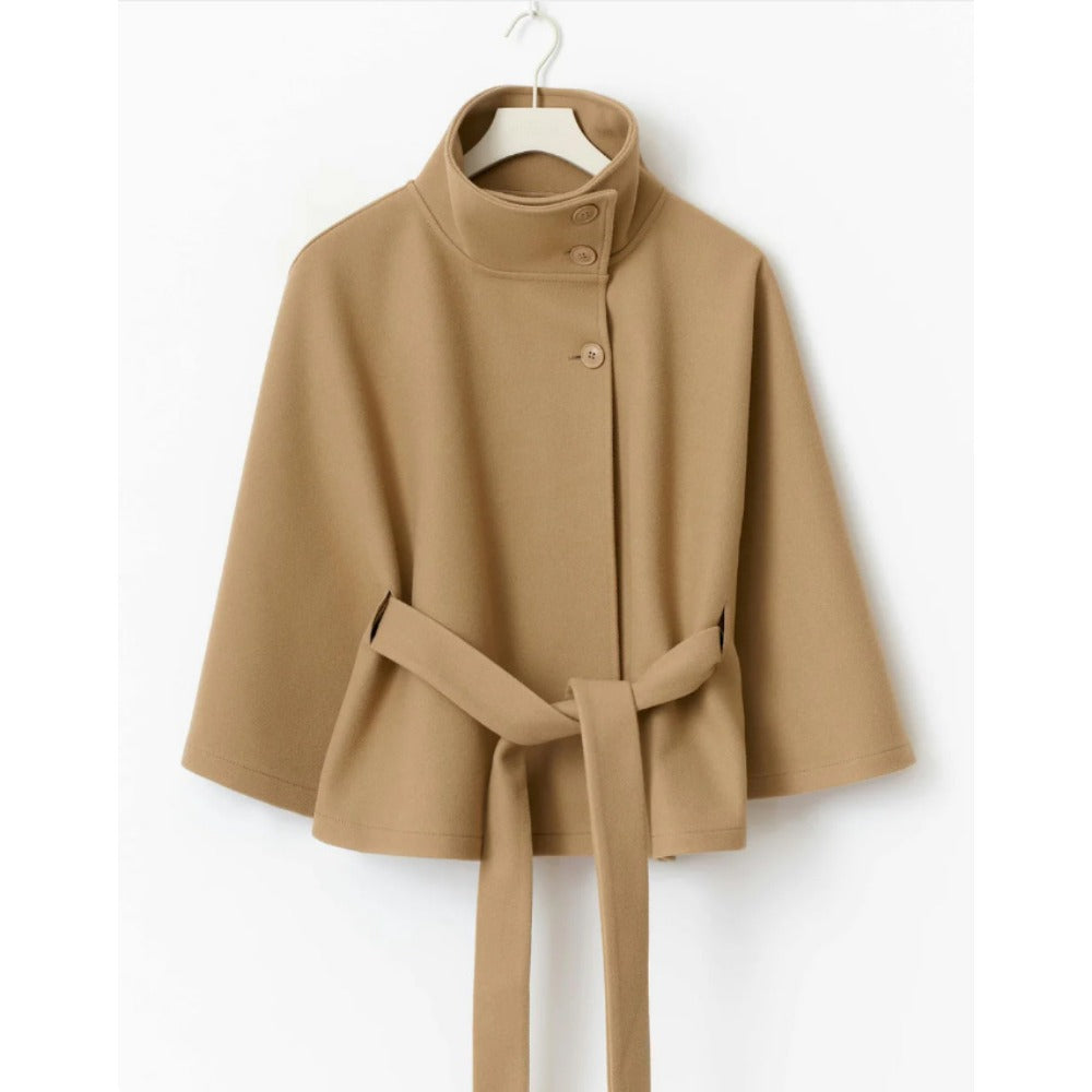 Wollen Cape Jas Voor Dames Met Hoge Kraag En Ceintuur