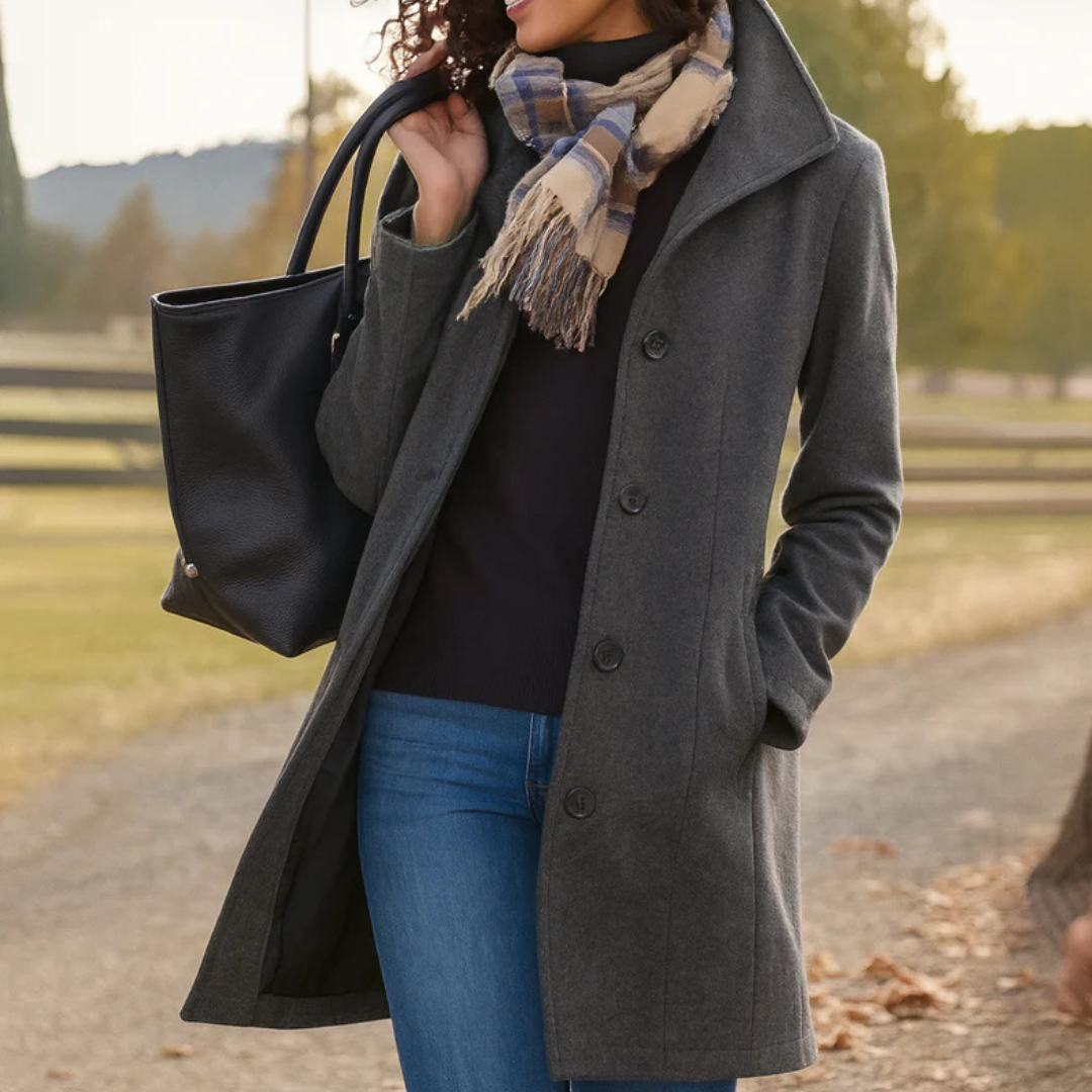 Lange Dames Mantel Jas Met Brede Kraag En Knoopsluiting