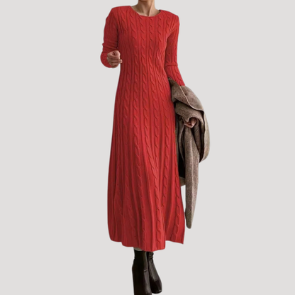 Lange Dames Sweaterjurk Met Kabelpatroon En Ronde Hals