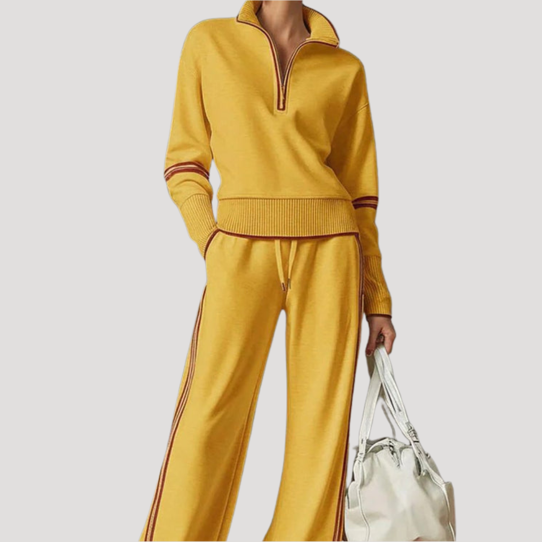 Sportieve Tweedelige Dames Set Met Hoge Kraag En Wijde Broek