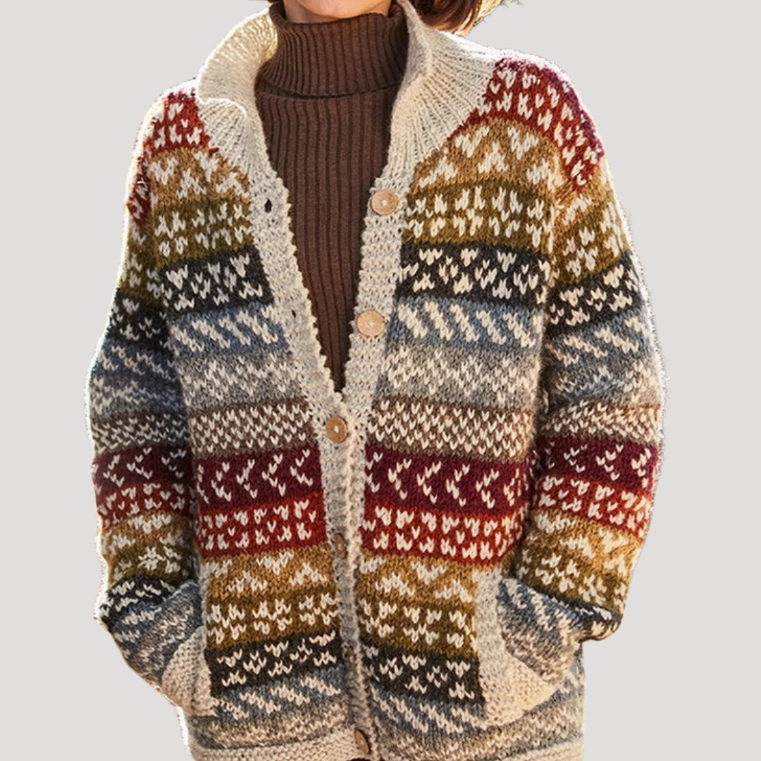 Dames Gebreid Cardigan Met Scandinavisch Patroon En Knopen