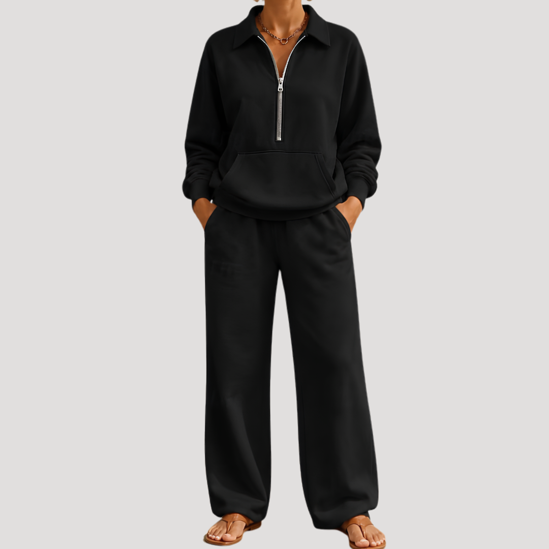Warme Dames Tweedelige Set Met Ritskraag En Lange Broek