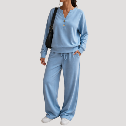 Casual Dames Tweedelige Set Met Knoopdetail En Trekkoordbroek