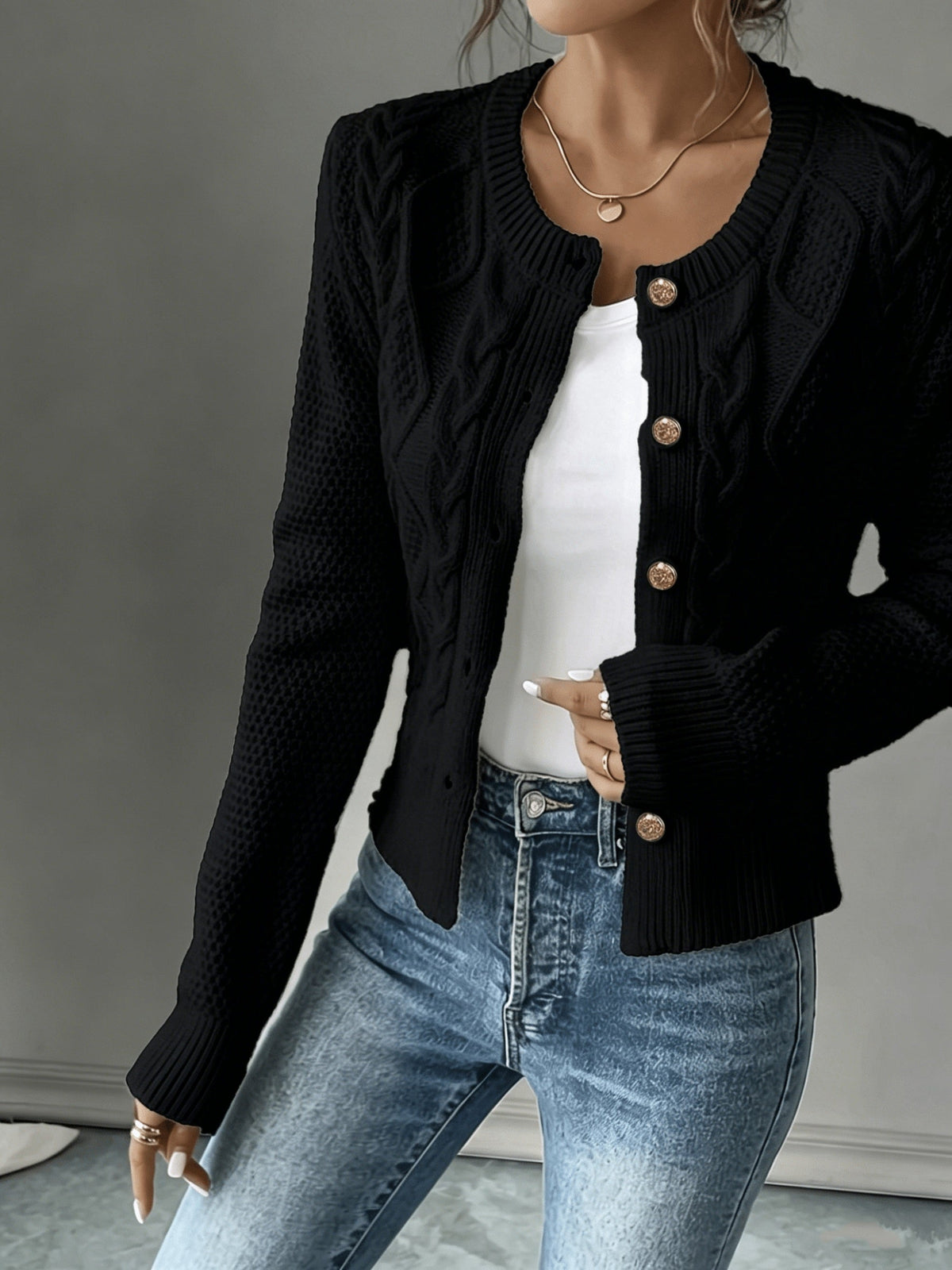 Dames Gebreid Korte Cardigan Met Kabelpatroon En Gouden Knopen