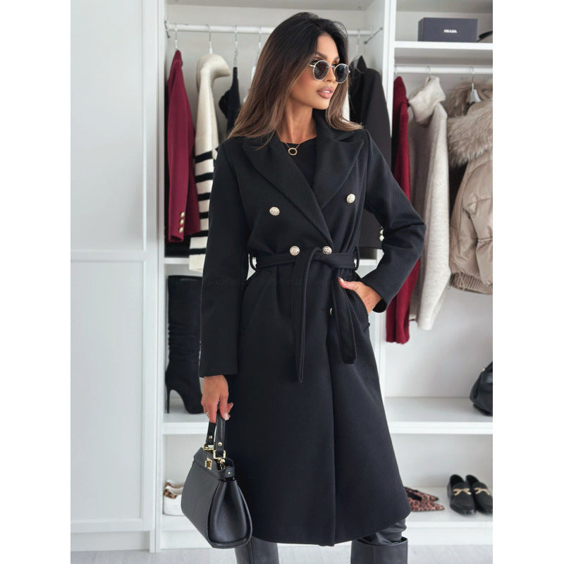 Elegante Lange Jas Dames – Wollen Mantel Met Ceintuur