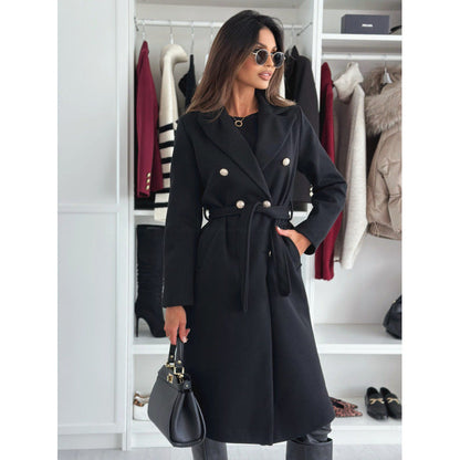 Elegante Lange Jas Dames – Wollen Mantel Met Ceintuur