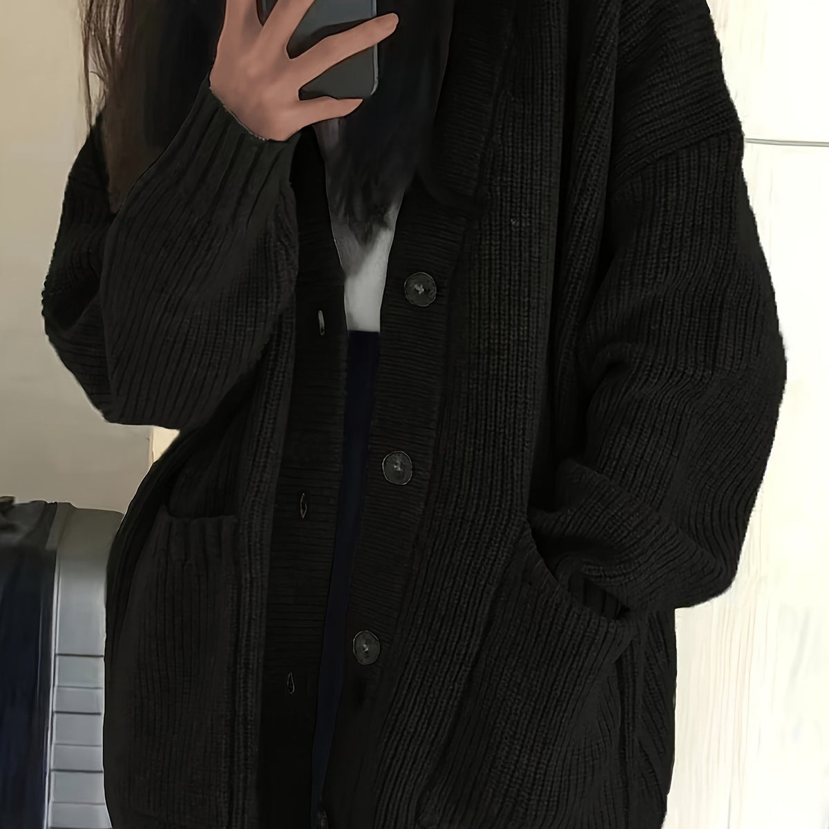 Lange Oversized Dames Cardigan Met V-Hals En Opgestikte Zakken