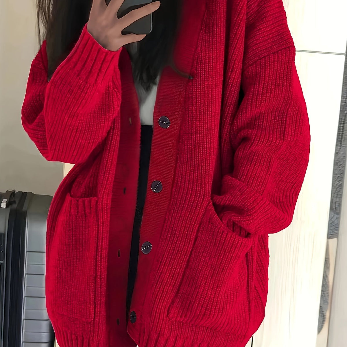 Lange Oversized Dames Cardigan Met V-Hals En Opgestikte Zakken