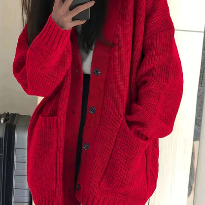 Lange Oversized Dames Cardigan Met V-Hals En Opgestikte Zakken
