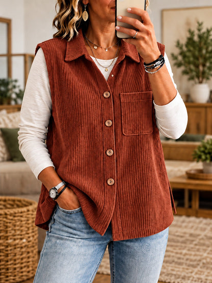 Corduroy Gilet Dames Met Kraag – Knopen & Borstzak