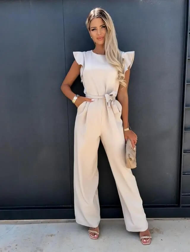 Elegante Jumpsuit Voor Dames Met Ruchesmouwen En Ceintuur