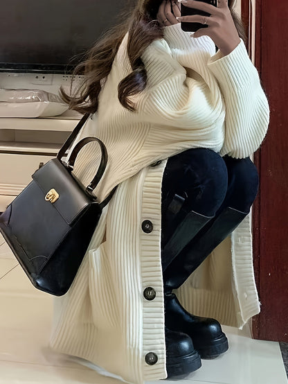 Lange Oversized Dames Cardigan Met V-Hals En Opgestikte Zakken