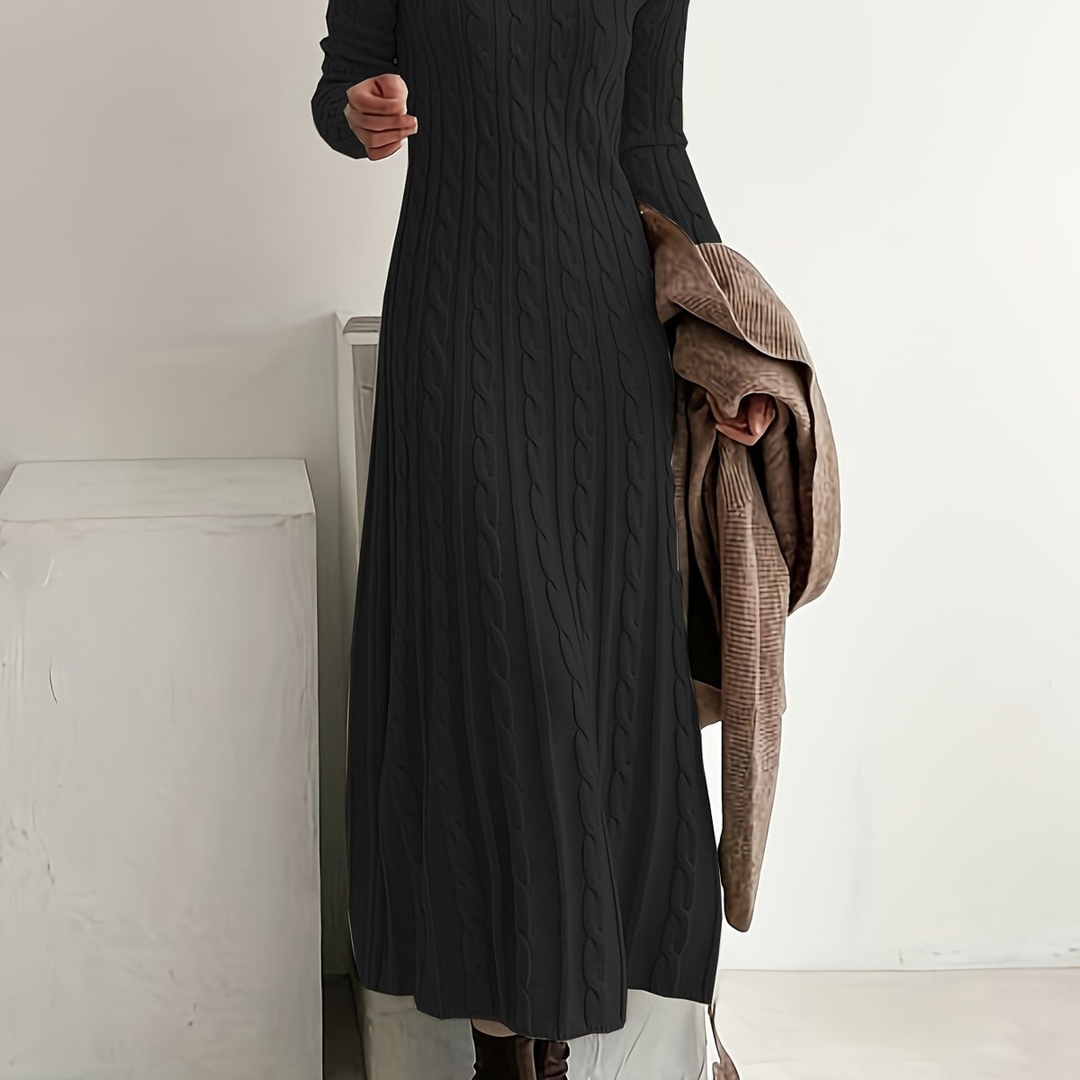 Maxi Sweaterjurk Dames – Lange Gebreide Jurk Met Kabelpatroon
