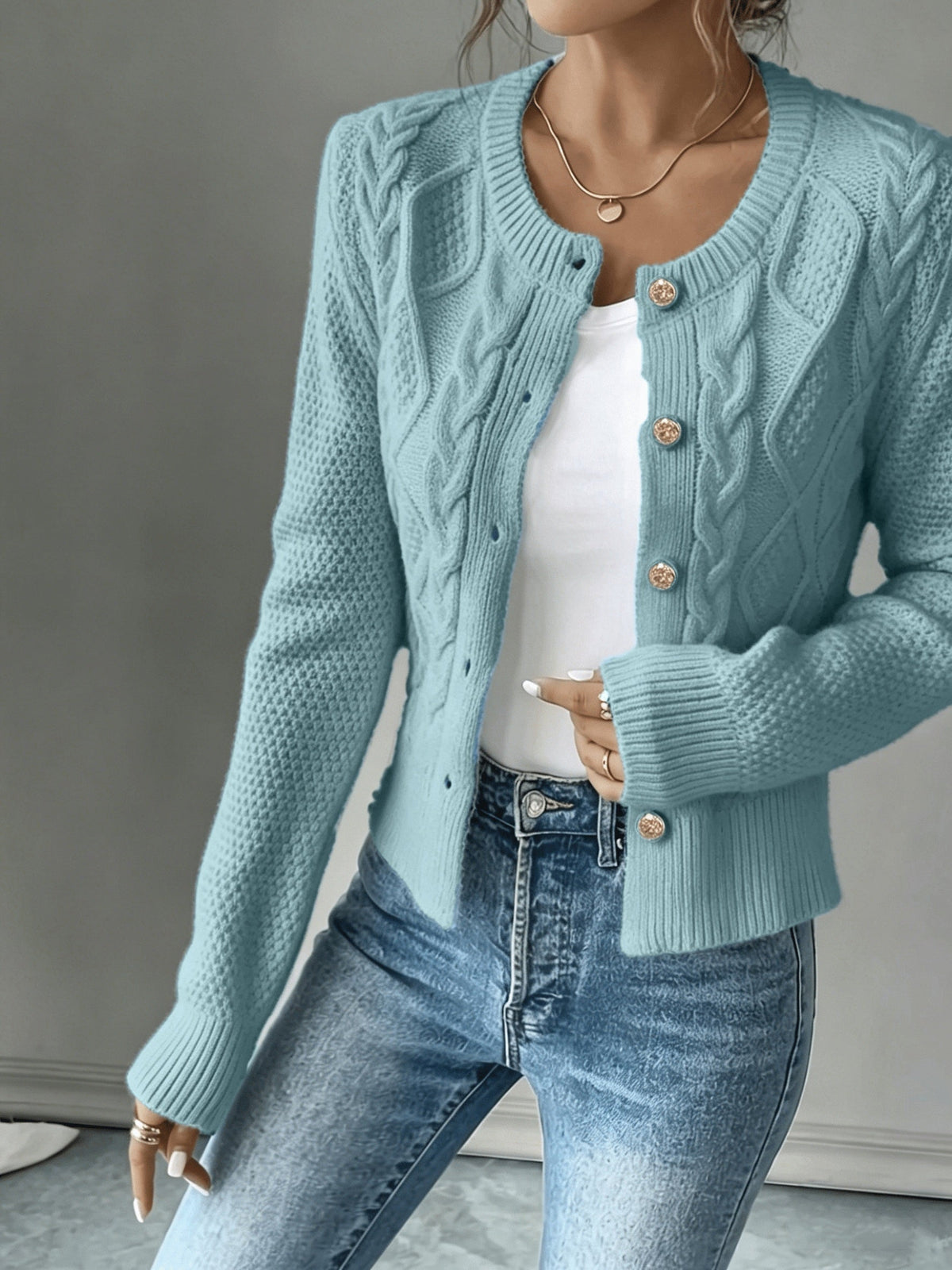 Dames Gebreid Korte Cardigan Met Kabelpatroon En Gouden Knopen