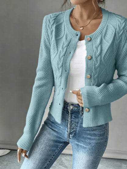 Dames Gebreid Korte Cardigan Met Kabelpatroon En Gouden Knopen