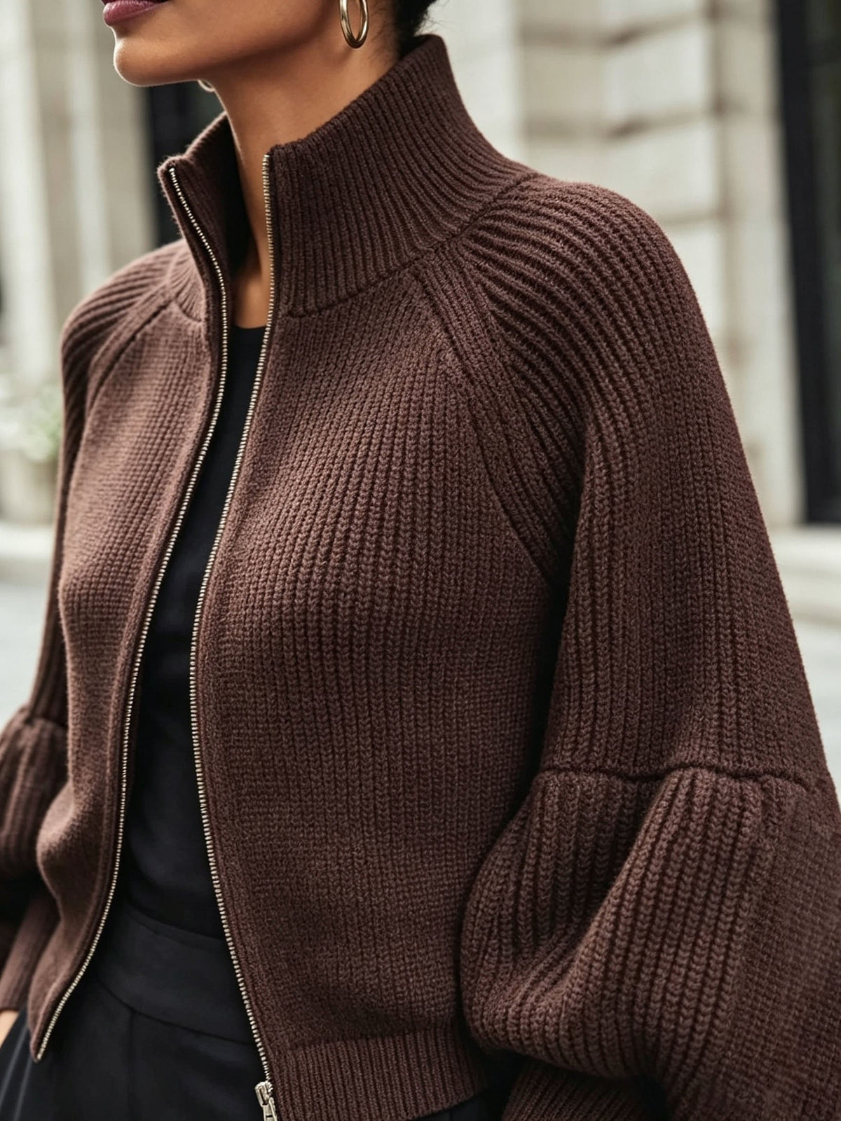 Vest Dames Met Pofmouwen – Cardigan Met Rits