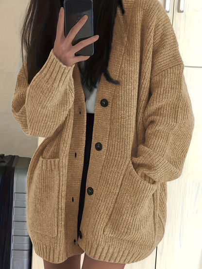 Lange Oversized Dames Cardigan Met V-Hals En Opgestikte Zakken