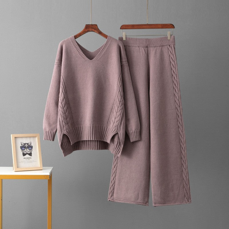 Gebreide Set Dames – Kabeltrui Met V-Hals & Wijde Broek