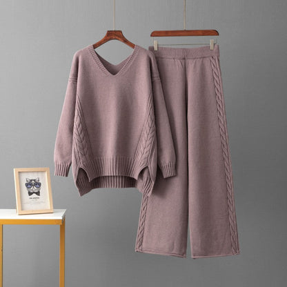 Gebreide Set Dames – Kabeltrui Met V-Hals & Wijde Broek