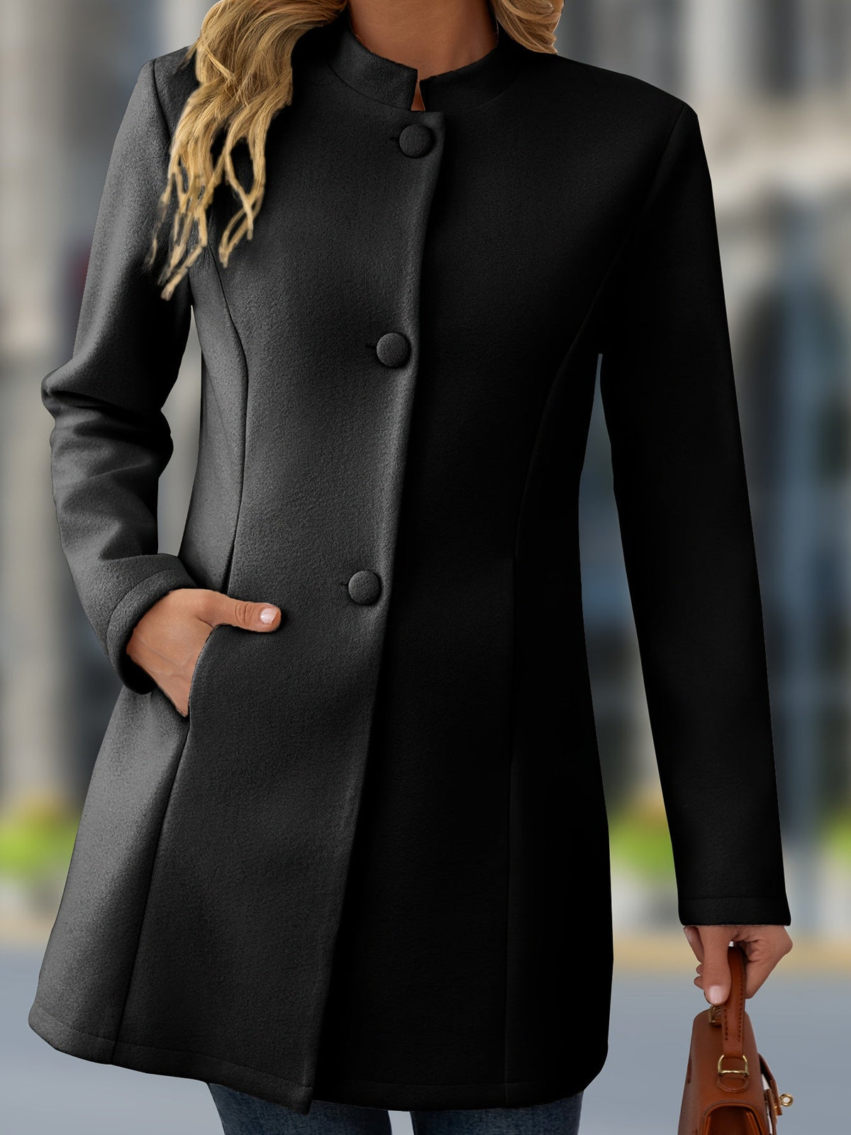 Halflange Wollook Jas Dames – Mantel Met Opstaande Kraag