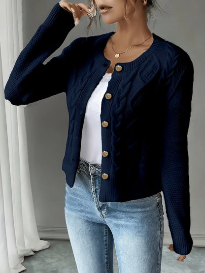 Dames Gebreid Korte Cardigan Met Kabelpatroon En Gouden Knopen