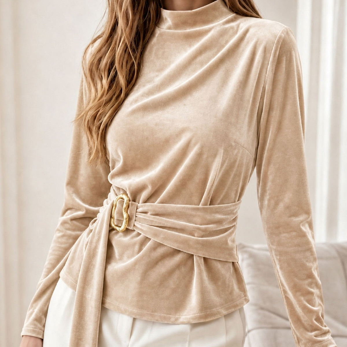 Trui Dames Met Hoge Kraag – Sweater Met Fluwelen Banddetail