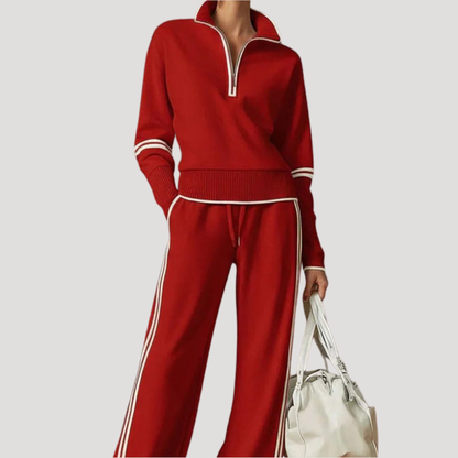 Sportieve Tweedelige Dames Set Met Hoge Kraag En Wijde Broek