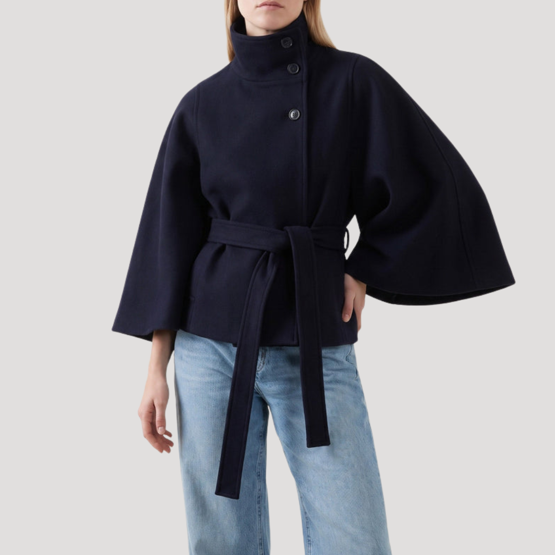Dames Poncho Jas Met Wijde Mouwen En Strikceintuur