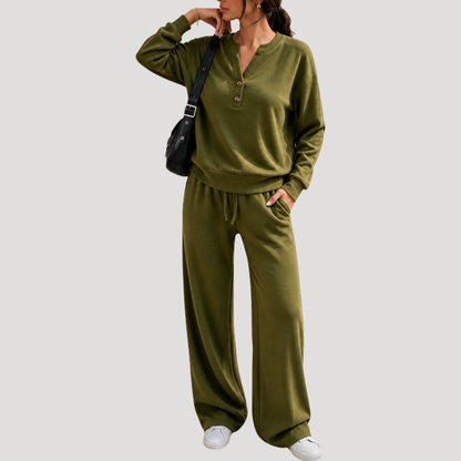 Casual Dames Tweedelige Set Met Knoopdetail En Trekkoordbroek