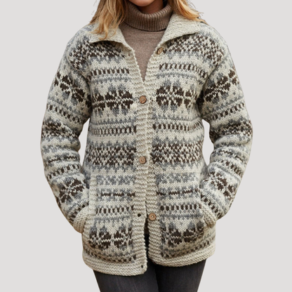 Dames Gebreid Cardigan Met Scandinavisch Patroon En Knopen