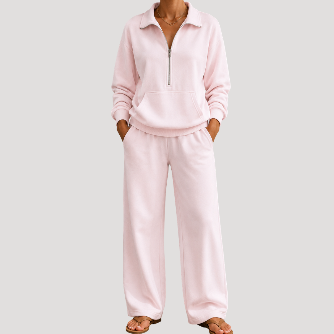 Warme Dames Tweedelige Set Met Ritskraag En Lange Broek